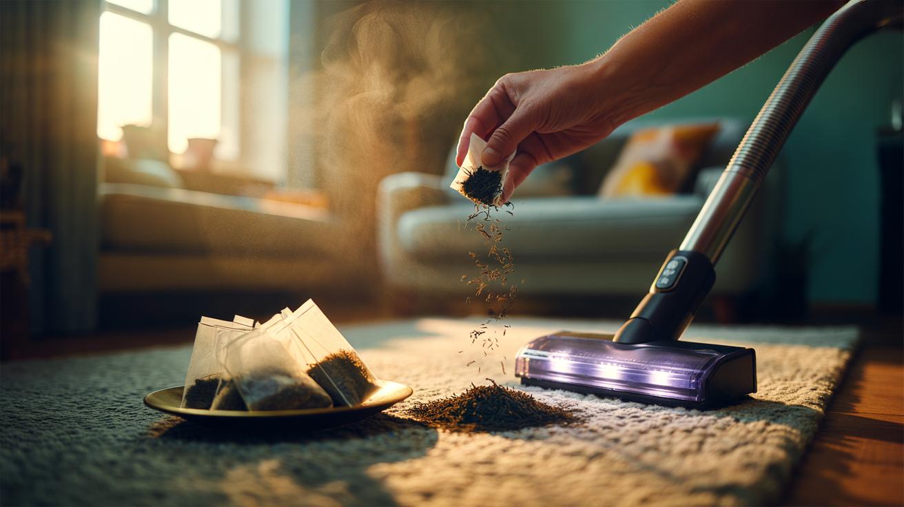 Illustration of used tea bags and dried tea leaves being applied to a carpet to neutralise odours using tannins
