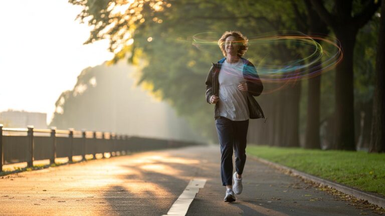 Illustration of a person taking a brisk ten-minute walk outdoors to boost mood through light movement