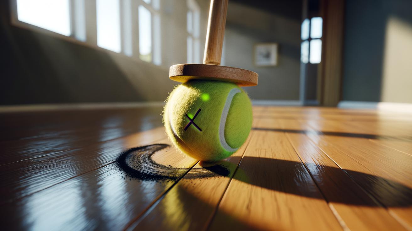 Illustration of a hand using a tennis ball on a broom handle to remove a black scuff mark from a hard floor