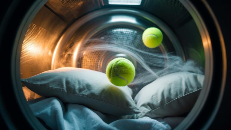 Illustration of a tennis ball tumbling in a household dryer with pillows, breaking up filling clumps to fluff them like new