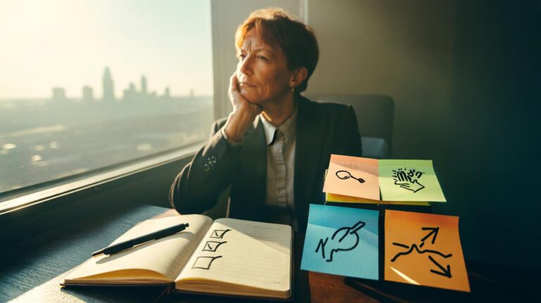 Illustration of a person pausing to write three verifiable truths—facts, personal control, and options—to calm self-doubt and stabilise thinking