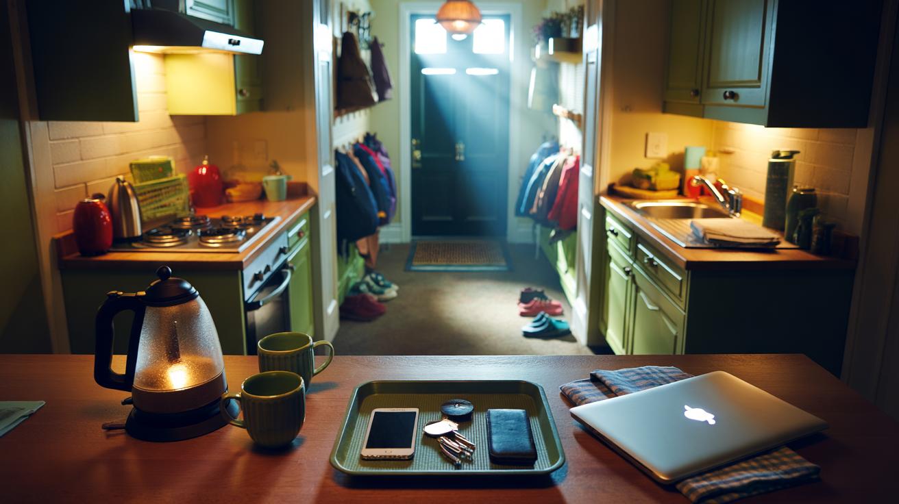 Illustration of a quick tidy-before-bed reset that prepares the home for a calmer morning