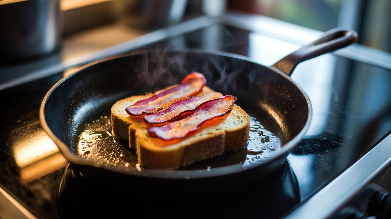 Illustration of bacon rashers frying in a pan atop a slice of bread that absorbs fat and reduces greasy splatters