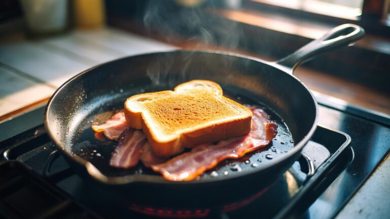 Illustration of bacon rashers frying on a slice of toast in a frying pan, the bread soaking up grease to reduce pan splatters