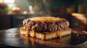 Illustration of a burger cross-section showing a toasted bread layer beneath the patty absorbing excess liquid to prevent a soggy bun