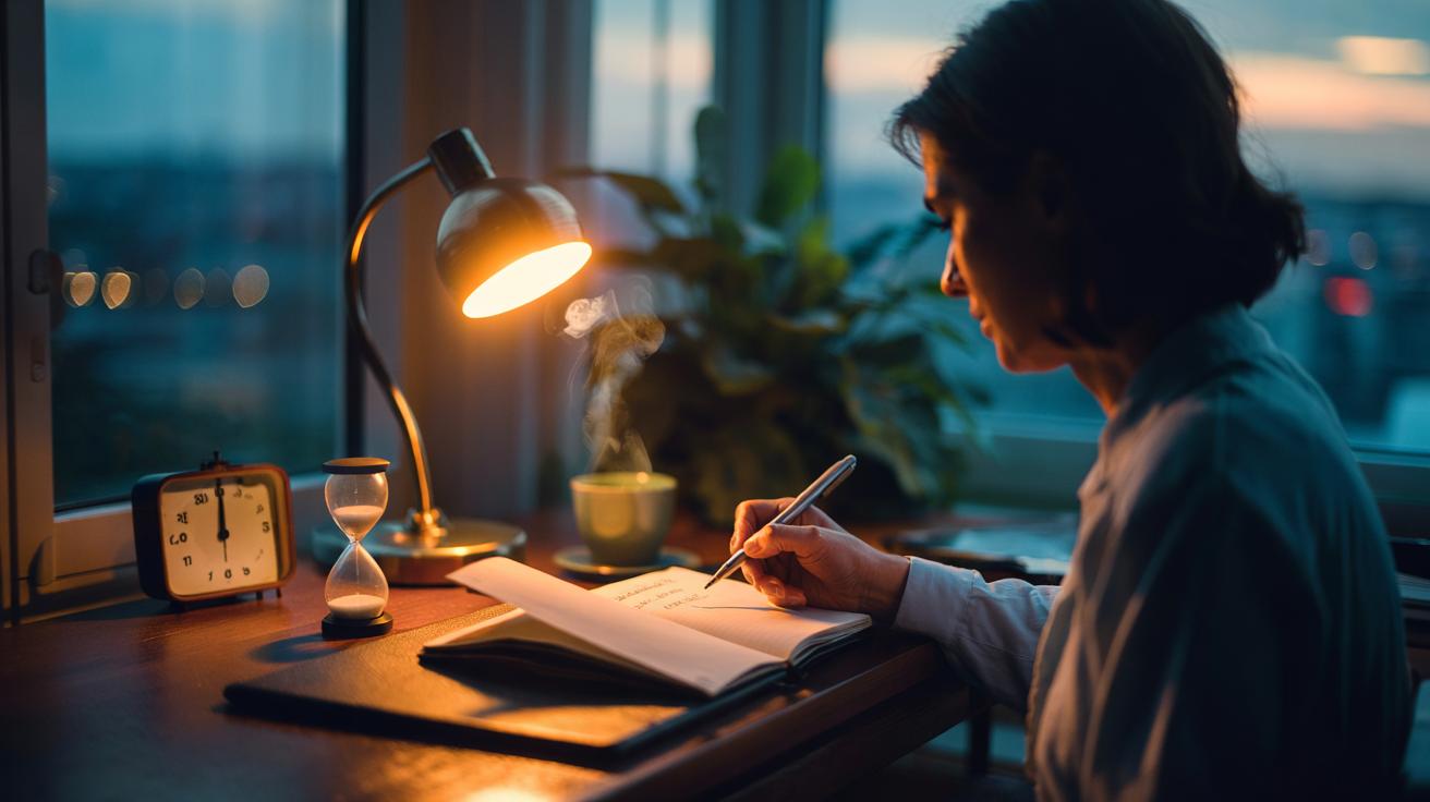 Illustration of a person writing a two-minute gratitude note to reduce anxiety and shift emotional focus through reflective thinking