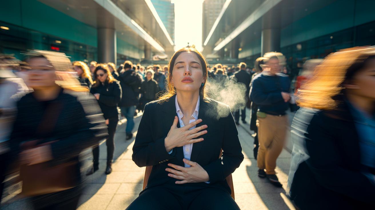 Illustration of a person taking a two-minute pause, using slow breathing to calm racing thoughts and reset the stress response.