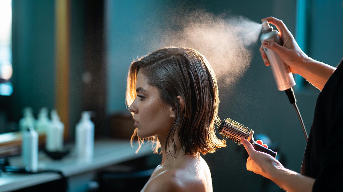 Illustration of the two-step hair styling routine that layers a volumising primer on damp hair and a dry texture spray to add lift and fullness