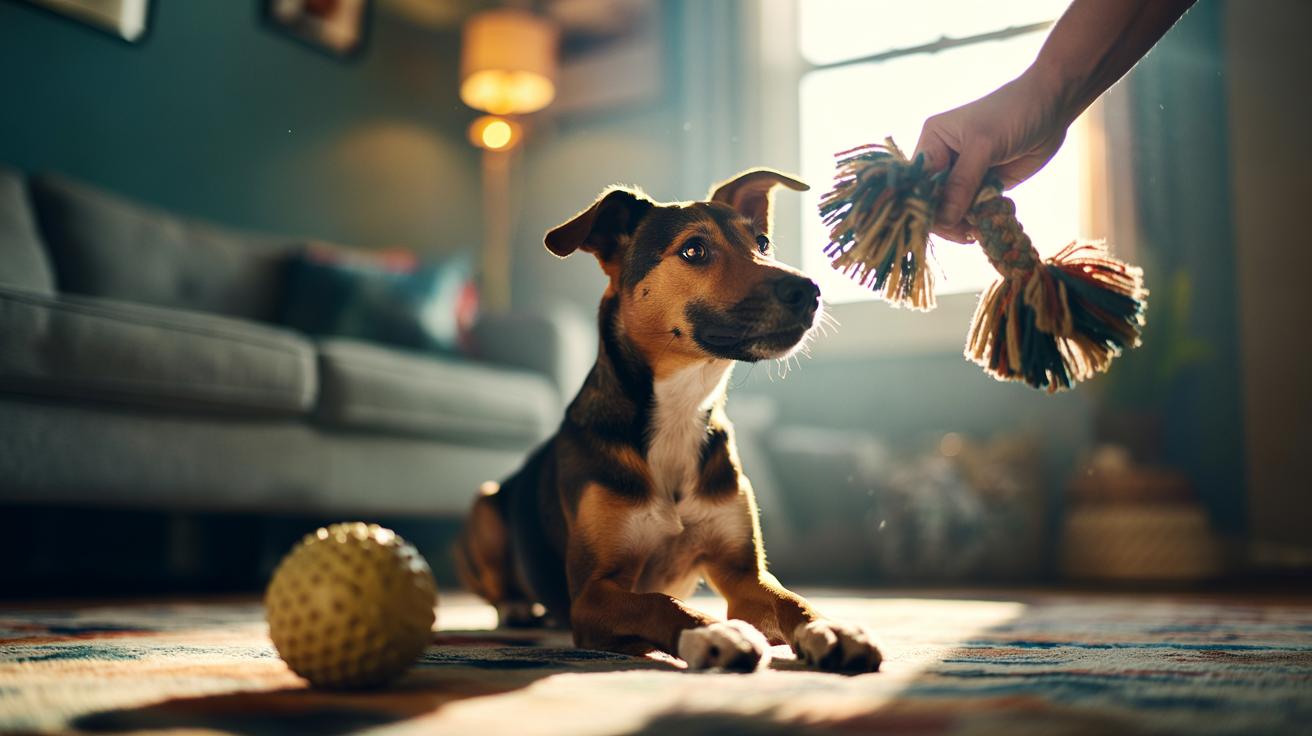 Illustration of a dog switching between two toys in a rotation to keep play novel and engaging