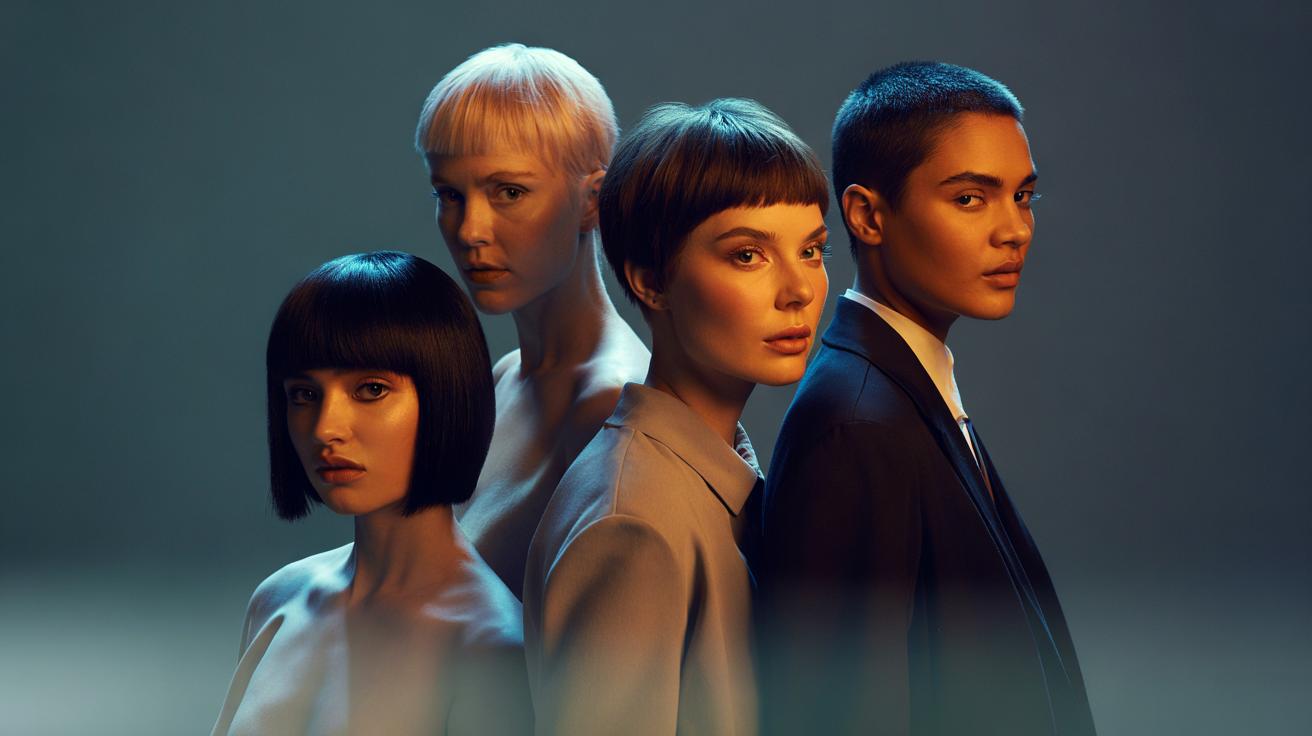 Illustration of simple, modern haircut shapes with clean lines, including a blunt bob, soft pixie, pageboy, and buzz crop.