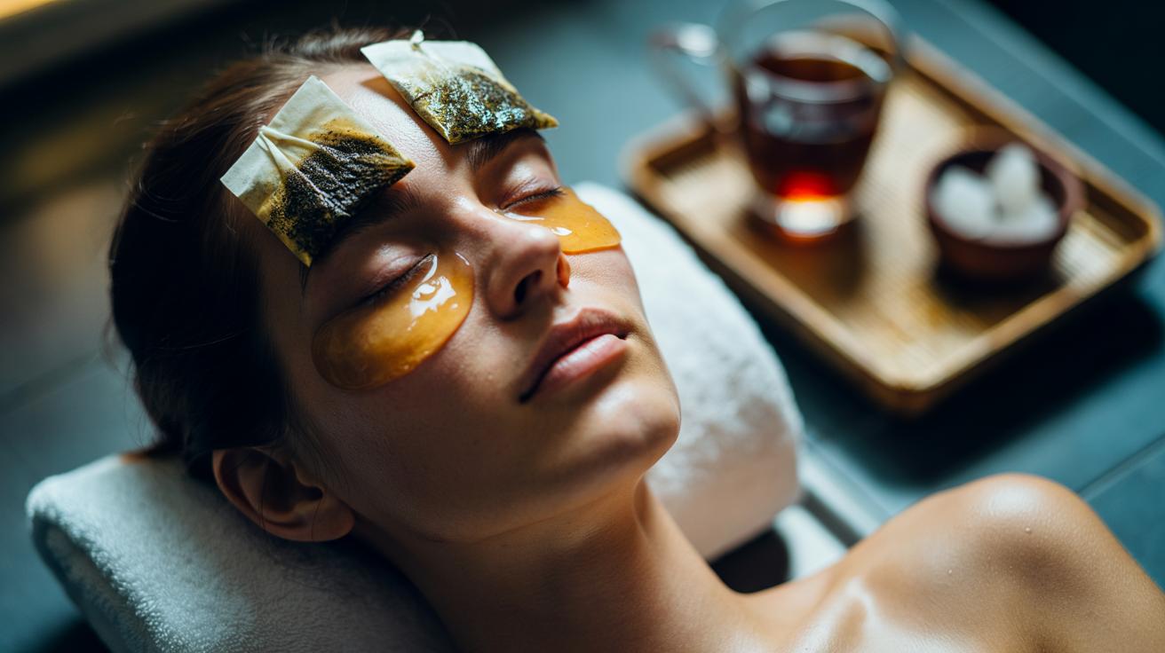 Illustration of used black tea bags placed over the under-eye area to reduce puffiness