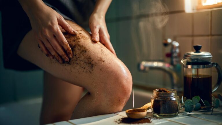 Illustration of used coffee grounds scrub being gently massaged onto damp skin on the thighs to boost circulation and soften the appearance of cellulite