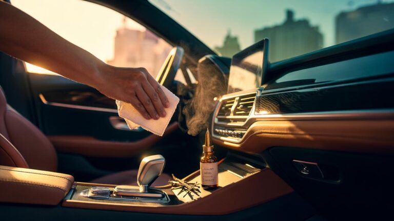 Illustration of a driver wiping a car’s interior trim with a microfiber cloth misted with pure vanilla extract to create a luxurious, vanillin‑rich scent and neutralise stale odours