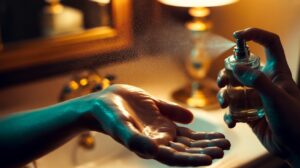 Illustration of a hand applying a thin layer of Vaseline on the wrist pulse point before spraying perfume to lock fragrance molecules onto the skin