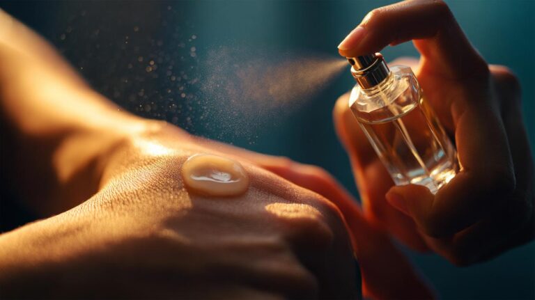 Illustration of applying a thin layer of Vaseline on wrist pulse points before spraying perfume to trap scent molecules and prolong wear