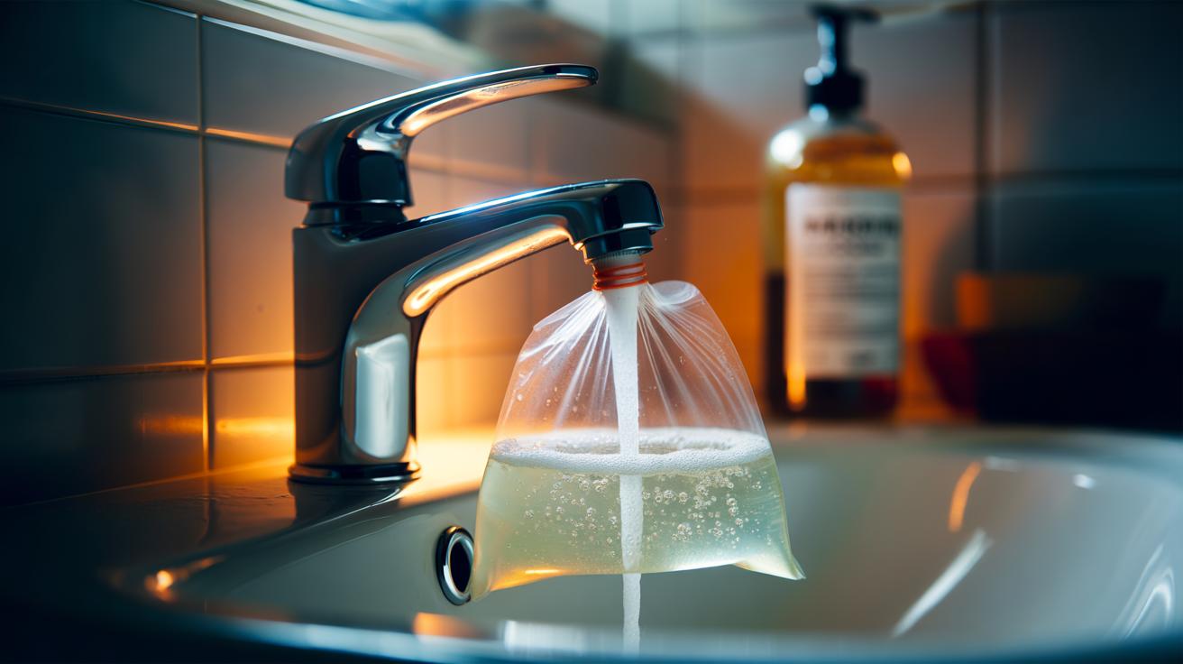 Illustration of a vinegar-filled bag tied around a tap spout to dissolve limescale overnight