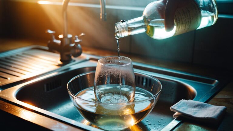 Illustration of a vinegar rinse applied to glassware to dissolve cloudy mineral deposits and prevent streaking