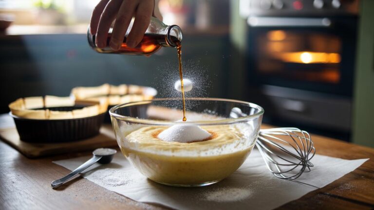 Illustration of vinegar reacting with bicarbonate of soda in cake batter to release carbon dioxide for a higher rise