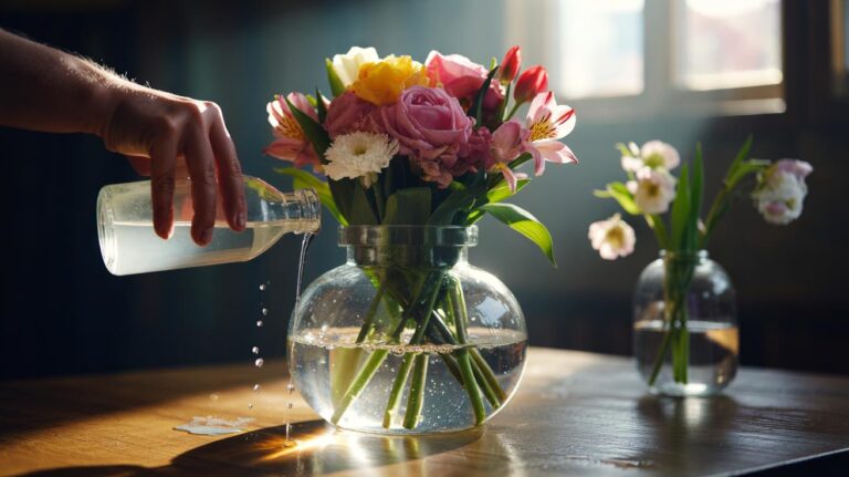 Illustration of vinegar being added to a vase of cut flowers to lower pH and inhibit bacteria in the water, extending bloom life