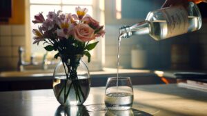 Illustration of white vinegar being poured into a clear vase of cut flowers to inhibit bacterial growth and extend vase life
