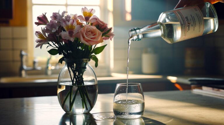 Illustration of white vinegar being poured into a clear vase of cut flowers to inhibit bacterial growth and extend vase life
