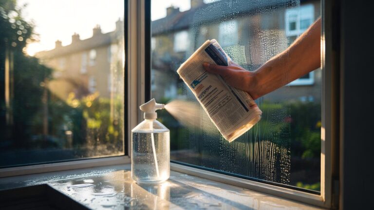 Illustration of cleaning a window with a white vinegar spray bottle and folded newspaper for a streak-free finish