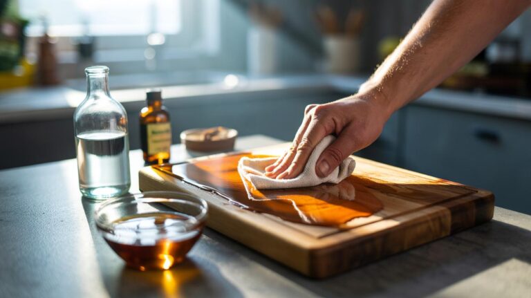 Illustration of a vinegar and oil mixture being applied with a cloth to a wooden chopping board on a kitchen countertop