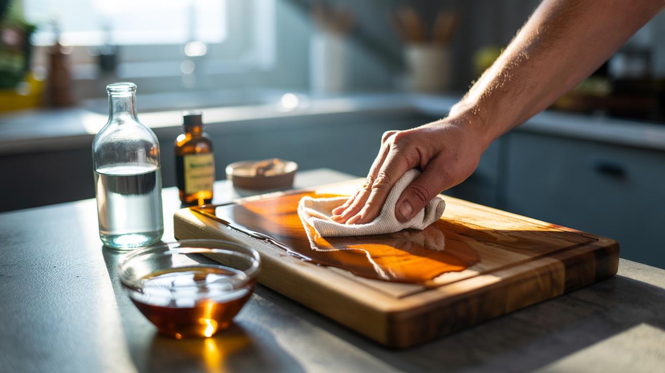 Illustration of a vinegar and oil mixture being applied with a cloth to a wooden chopping board on a kitchen countertop
