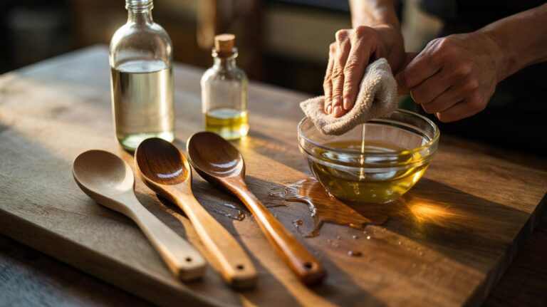 Illustration of a vinegar-and-oil mixture being applied to wooden spoons to condition and feed dry wood without chemicals
