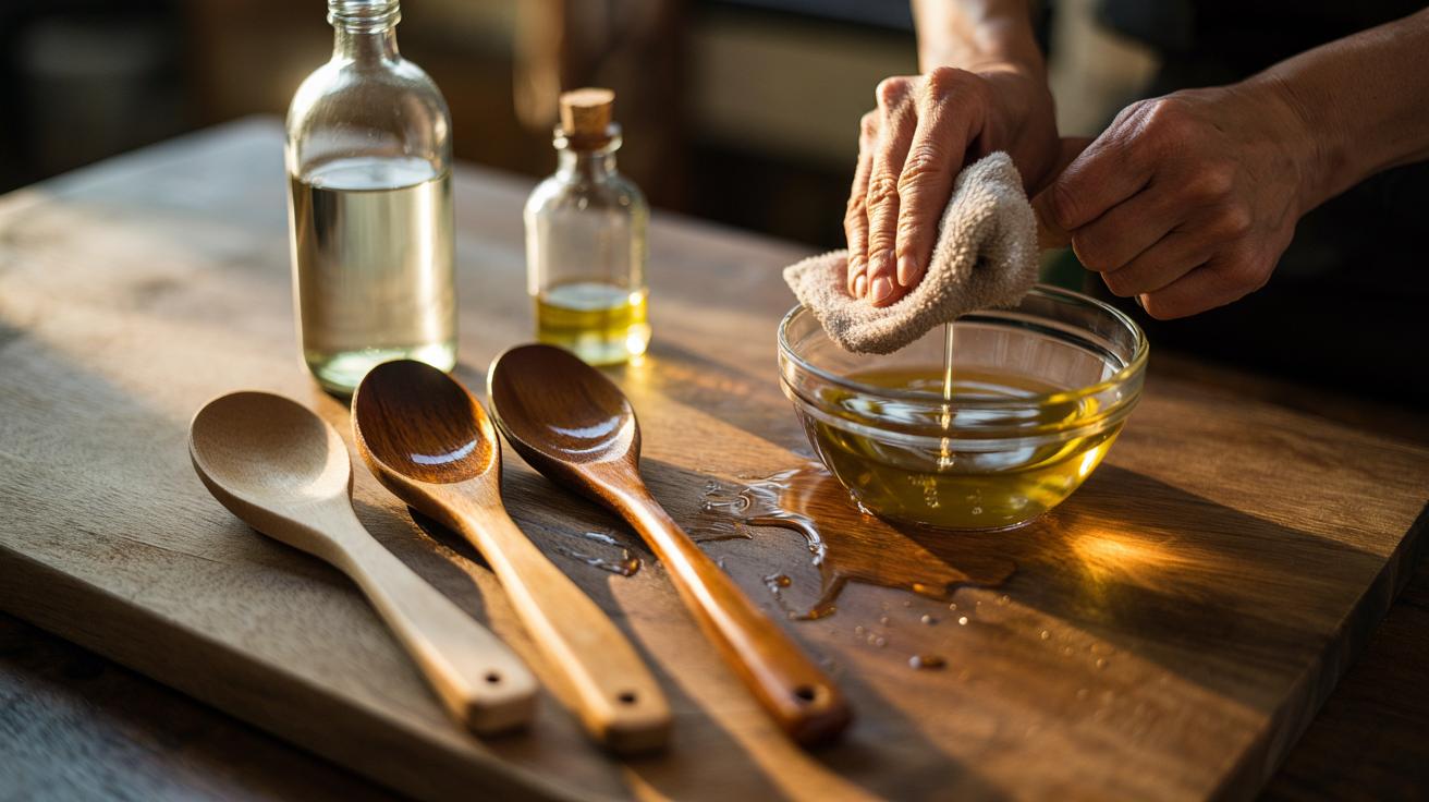 Illustration of a vinegar-and-oil mixture being applied to wooden spoons to condition and feed dry wood without chemicals