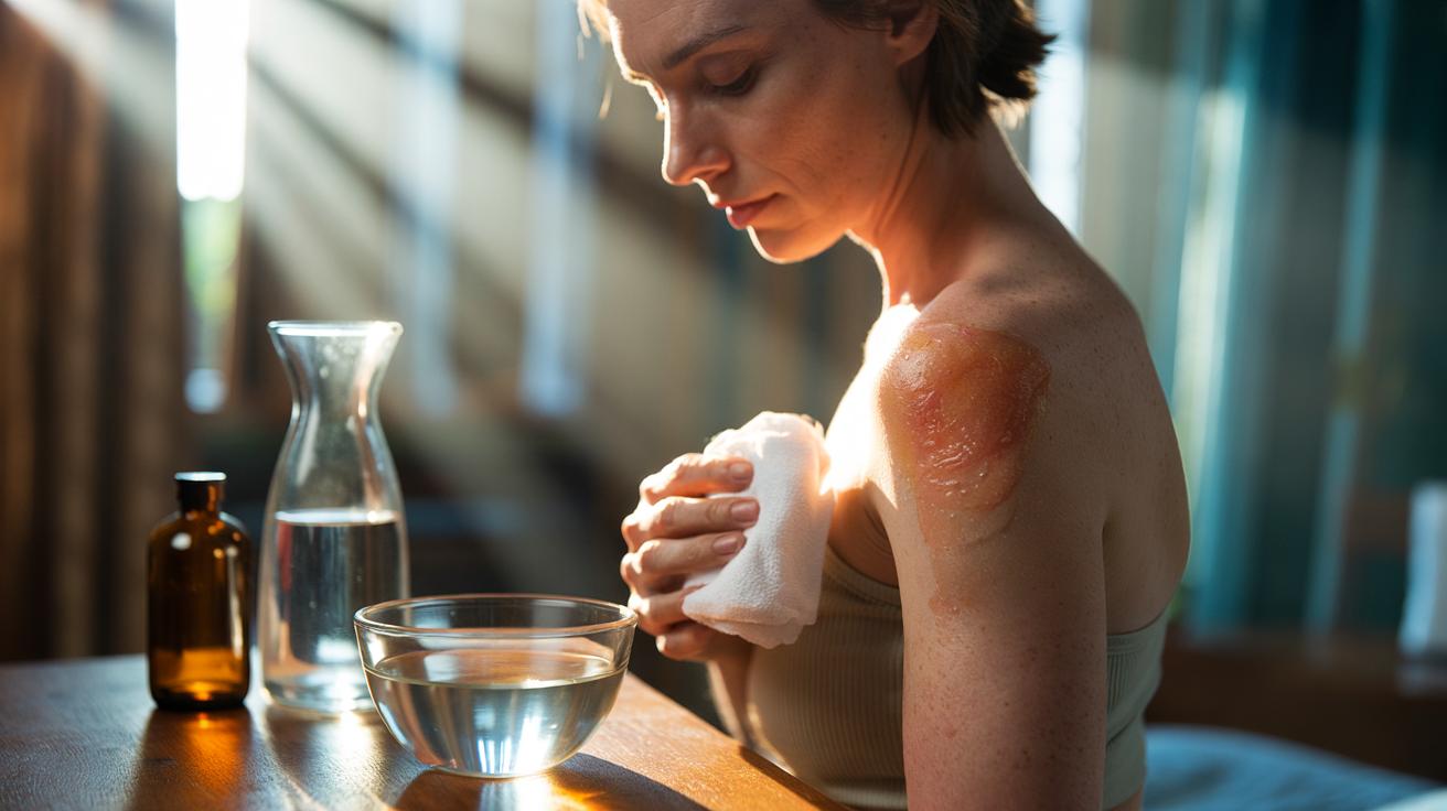 Illustration of a person with mild sunburn applying a cool diluted vinegar compress to the skin to gently rebalance pH