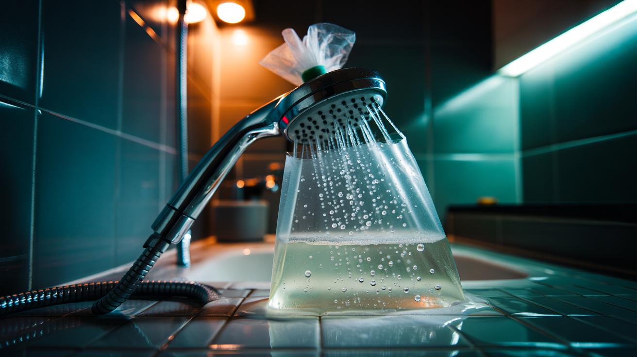 Illustration of a showerhead wrapped in a plastic bag filled with white vinegar, secured with an elastic band, soaking to dissolve limescale