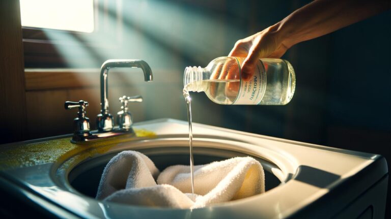 Illustration of a washing machine rinse using white vinegar to remove limescale and detergent residue from towels, restoring softness and absorbency