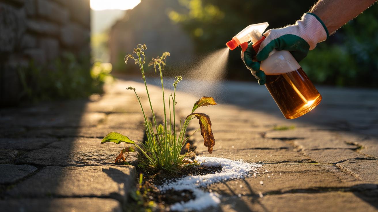 Illustration of a spray bottle applying a vinegar and salt solution to weeds in paving cracks