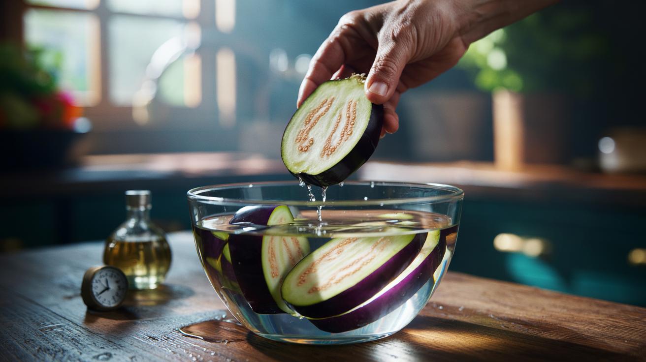 Illustration of sliced aubergine submerged in a bowl of diluted vinegar solution with salt to draw out bitter compounds