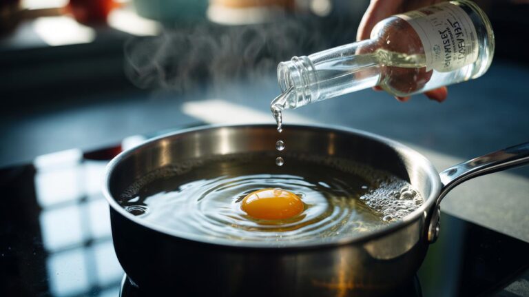 Illustration of a poached egg in gently simmering vinegar-acidulated water, with tight, set whites surrounding a runny yolk