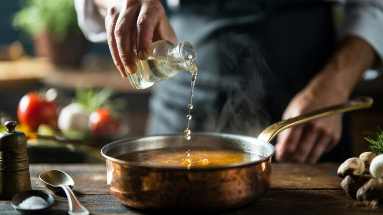 Illustration of a cook adding a splash of vinegar to a steaming pot of soup to balance salt and lift flavour