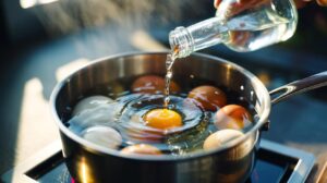 Illustration of eggs simmering in a saucepan while a splash of vinegar is added to prevent shell cracks