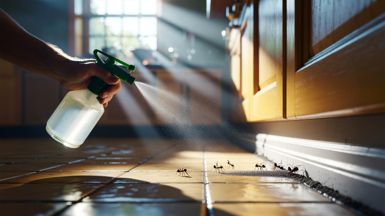 Illustration of a vinegar spray being applied along kitchen skirting boards and entry points to erase ants' pheromone trails and keep them out