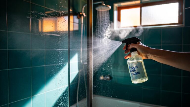 Illustration of a daily white vinegar spray being applied to shower glass to prevent soap scum