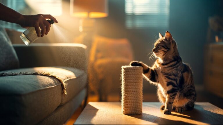 Illustration of a person lightly misting a sofa with a vinegar spray to deter a cat from scratching, with a scratching post nearby