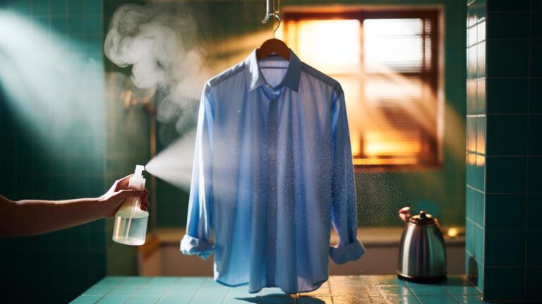 Illustration of a shirt on a hanger in steam being misted with diluted white vinegar to relax creases without an iron