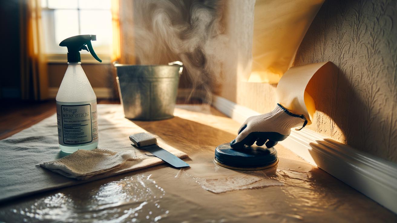 Illustration of vinegar steam being applied to a wall to loosen old wallpaper glue, with a steamer plate, white vinegar spray bottle, and scraper lifting softened residue