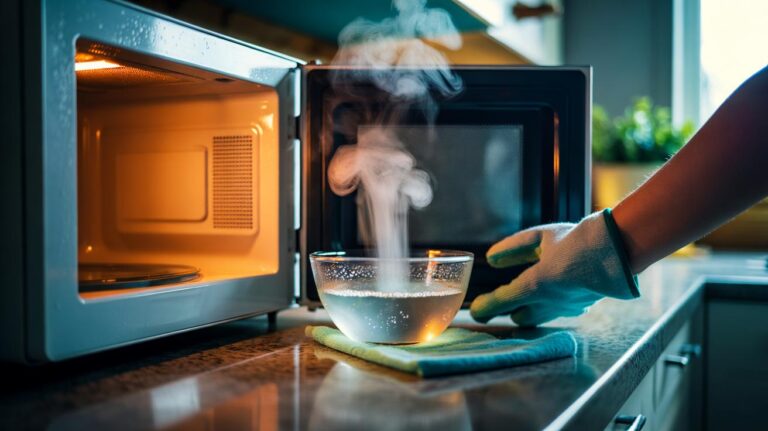 Illustration of a microwave interior with a steaming bowl of white vinegar and water, hot vapour condensing on the walls to loosen baked-on splatters for easy cleaning