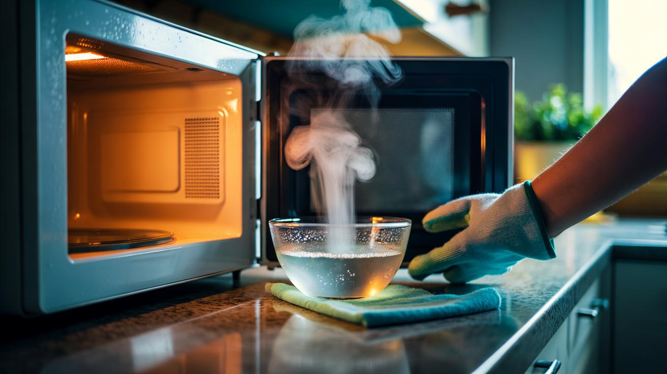 Illustration of a microwave interior with a steaming bowl of white vinegar and water, hot vapour condensing on the walls to loosen baked-on splatters for easy cleaning