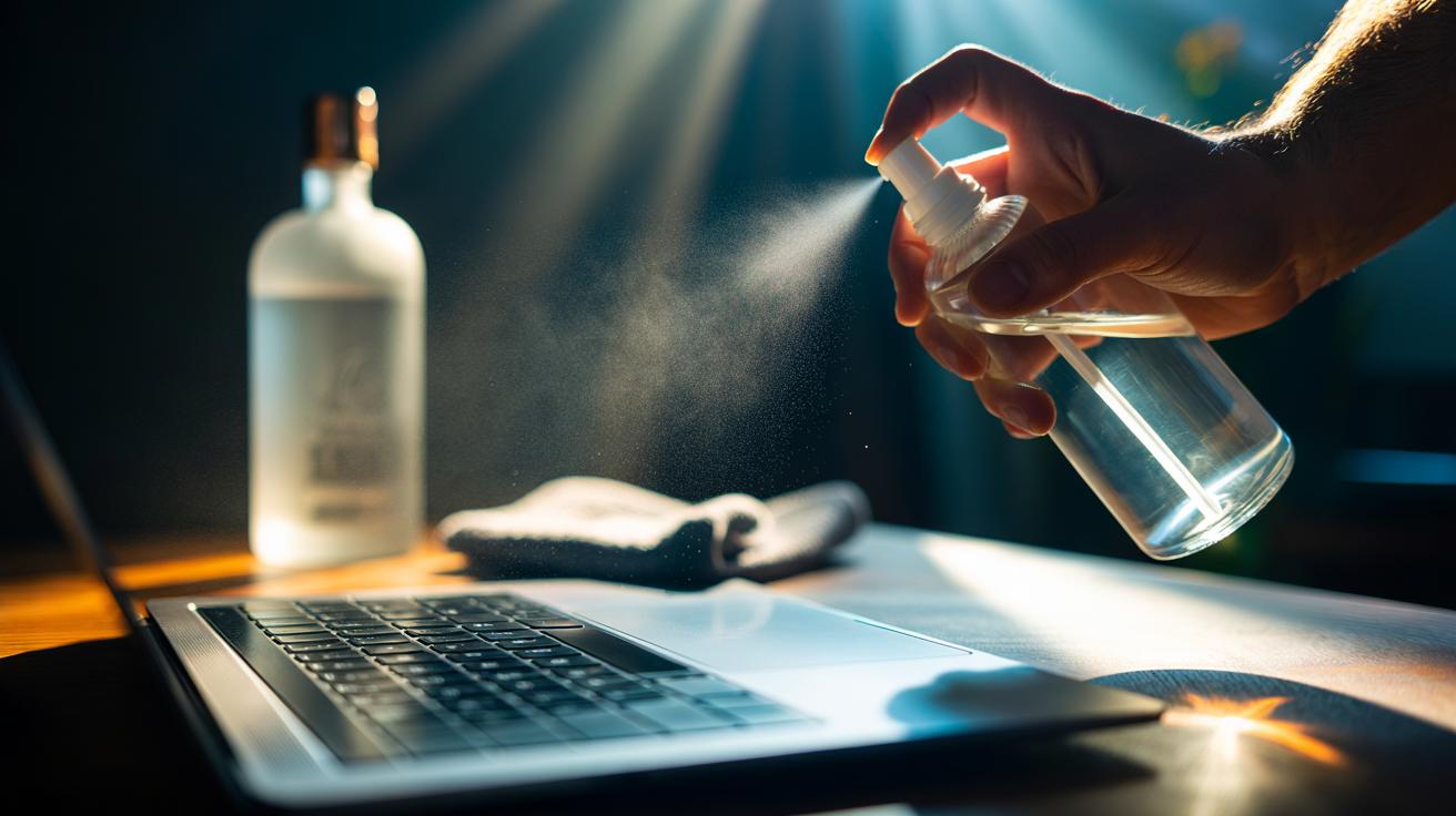 Illustration of a vodka spray being used to disinfect a laptop keyboard
