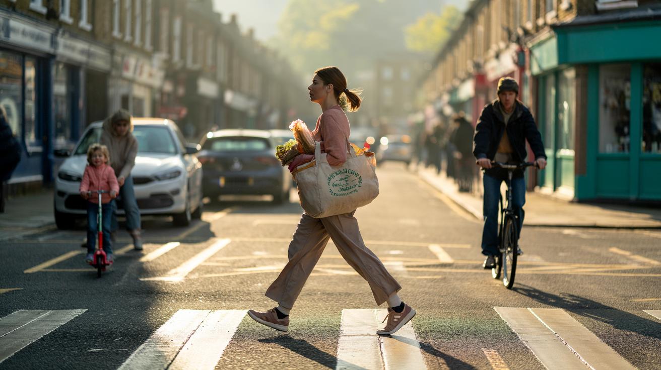 Illustration of pedestrians running local errands on foot in a walkable neighbourhood, replacing short car trips to add daily exercise