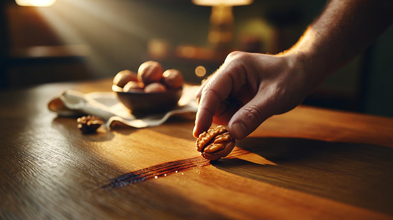 Illustration of a walnut being rubbed across a scratch on a wooden table to fill and darken the mark with natural oils
