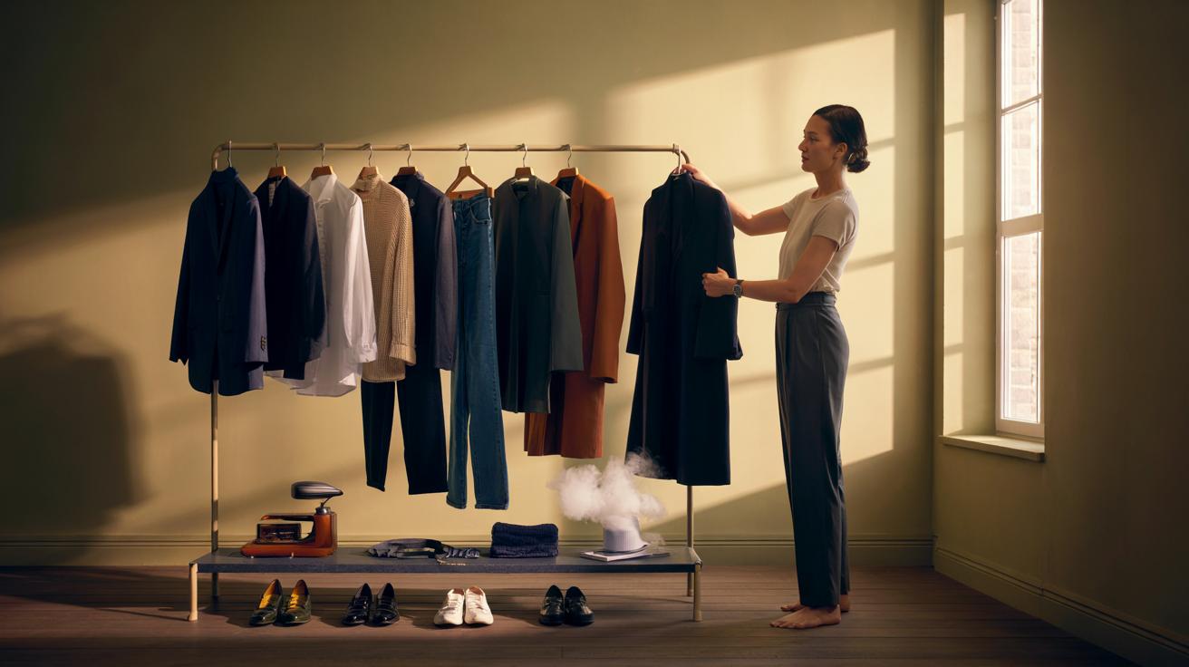 Illustration of a minimalist capsule wardrobe with a curated rail of neutral mix-and-match pieces neatly arranged to streamline daily dressing
