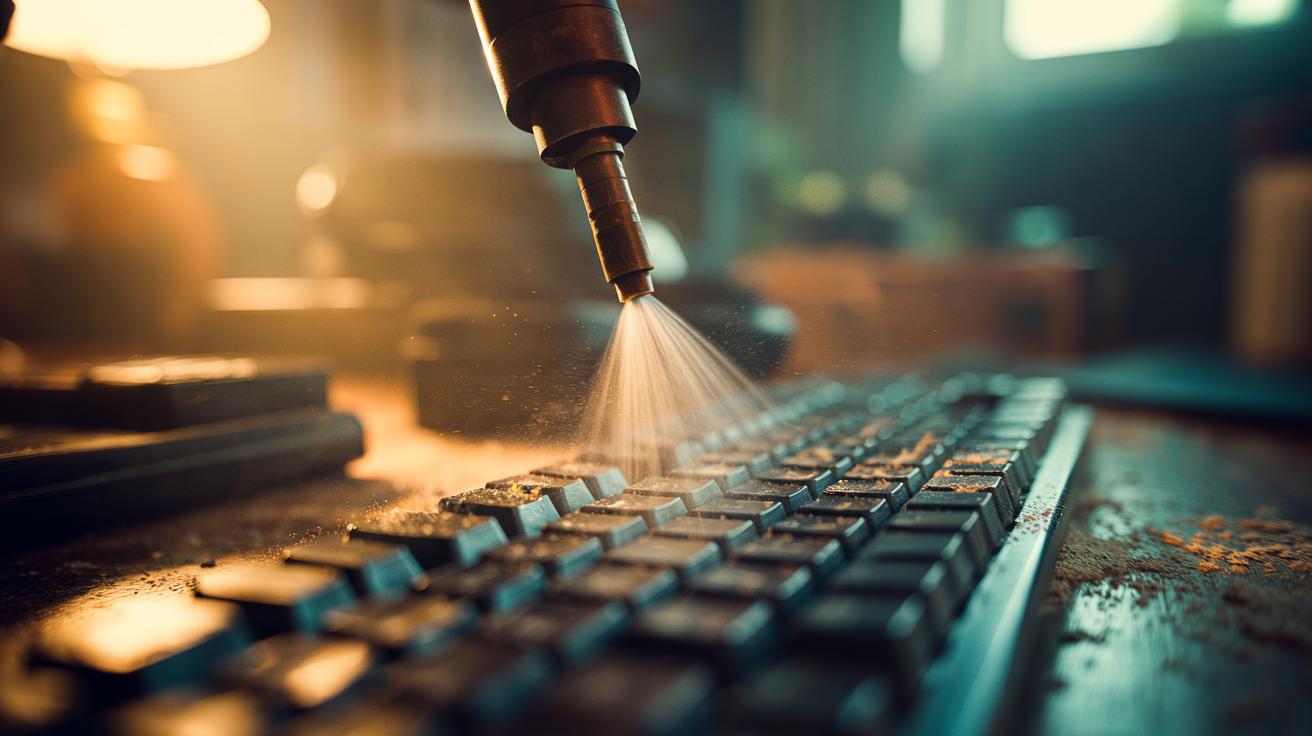 Illustration of a nozzle directing warm air across a dusty keyboard, lifting particles from tight crevices